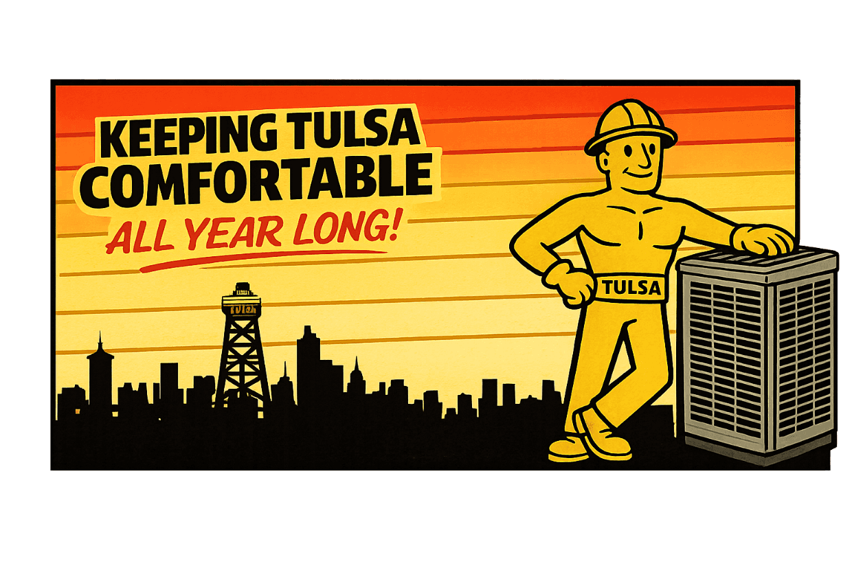 Keeping Tulsa comfortable all year long — the T-Town mascot with the Tulsa skyline and the Golden Driller